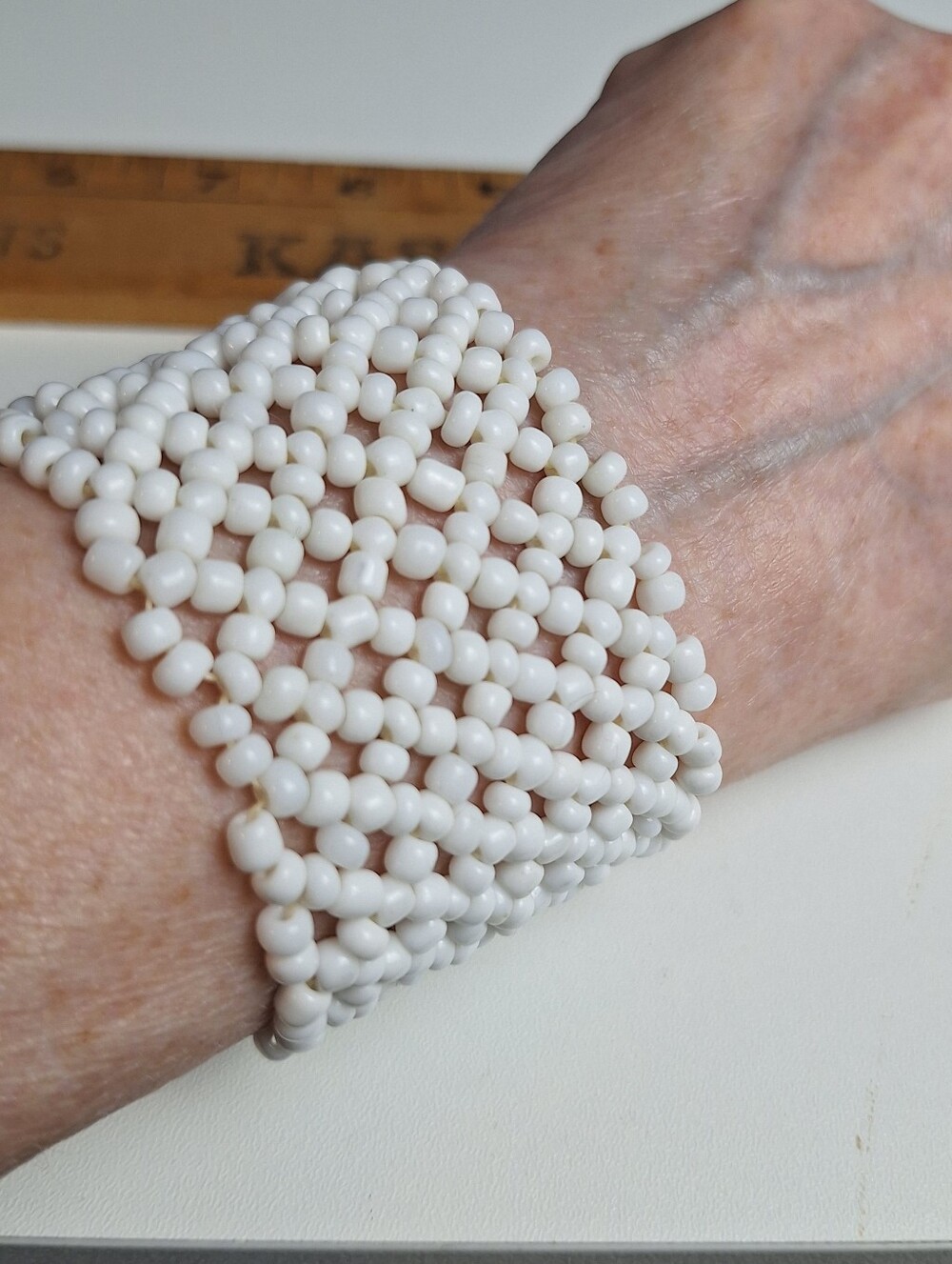 White Seed Bead Latticework Stretch Bracelet Bangle 2" Wide